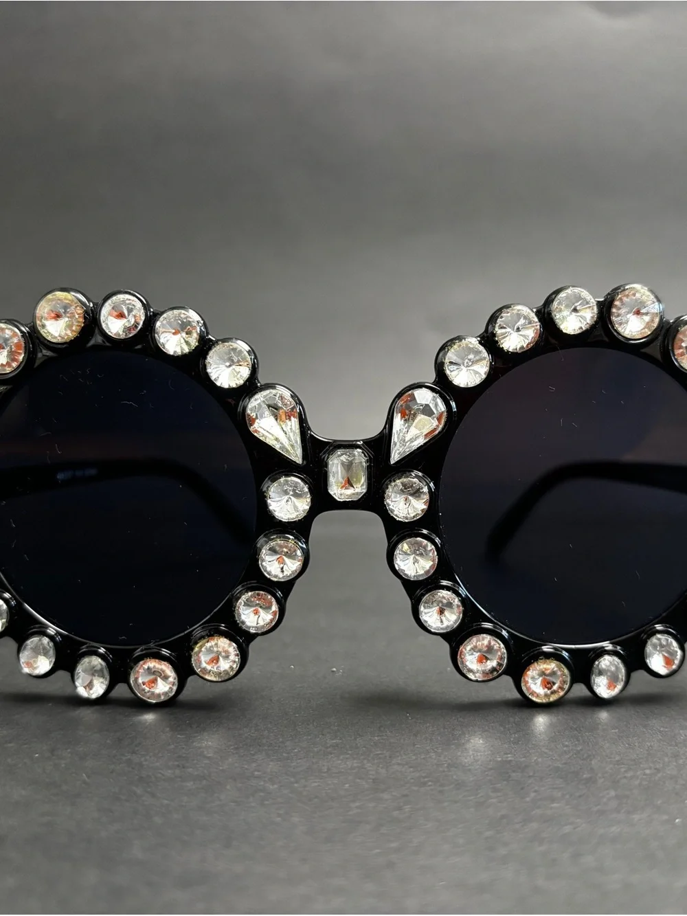 Crystal-Embellished Round Black Sunglasses